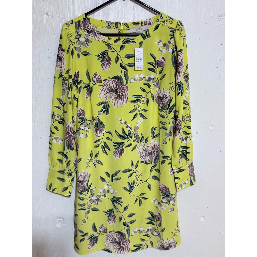 Loft Floral Shift Dress Womens 12 NWT Long Sleeve Botanical Boho Chic NW